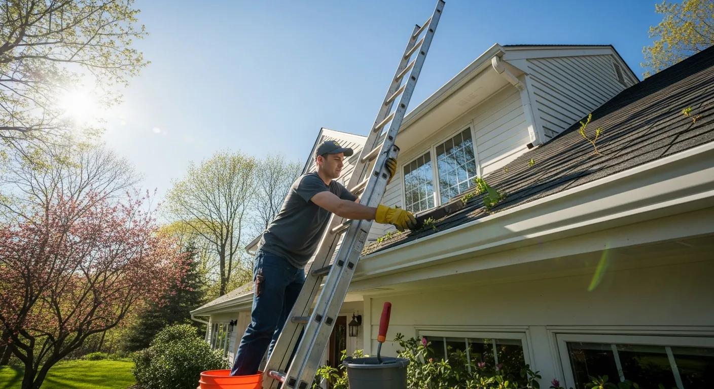 Spring gutter maintenance with clear skies and tidy gutters