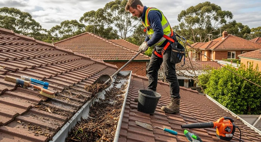 Sydney gutter cleaner at work — technician clearing a roof gutter with safety gear and tools