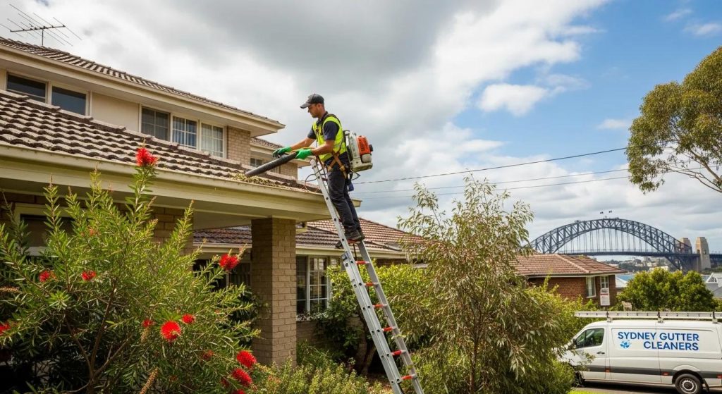 Technician cleaning gutters on a ladder — professional gutter cleaning in Sydney
