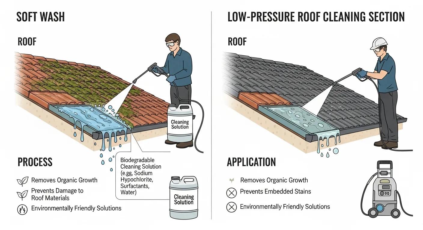 Diagram showing soft wash and low-pressure roof cleaning methods used in Sydney