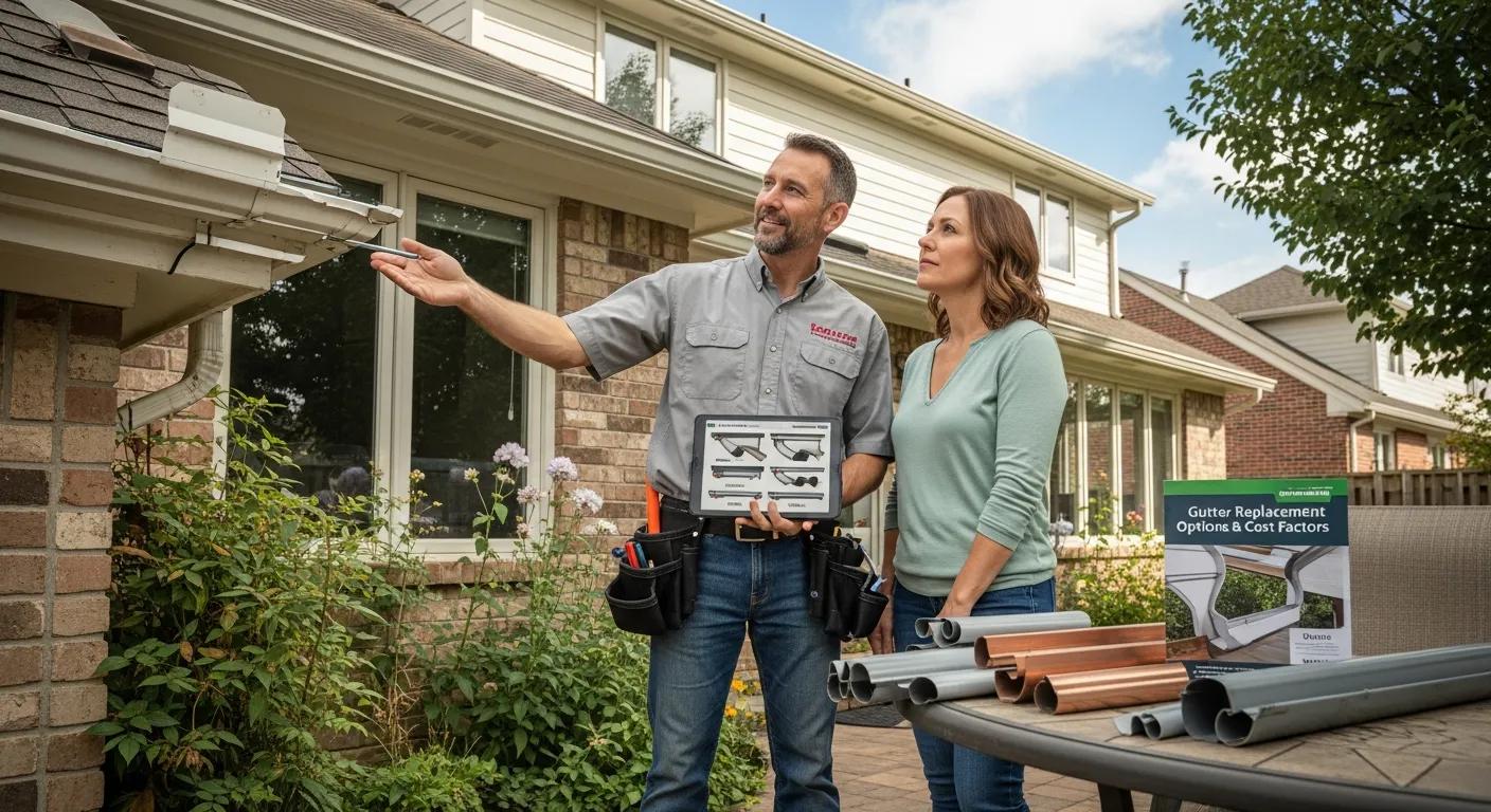 Contractor discussing gutter replacement options with a homeowner — cost factors explained