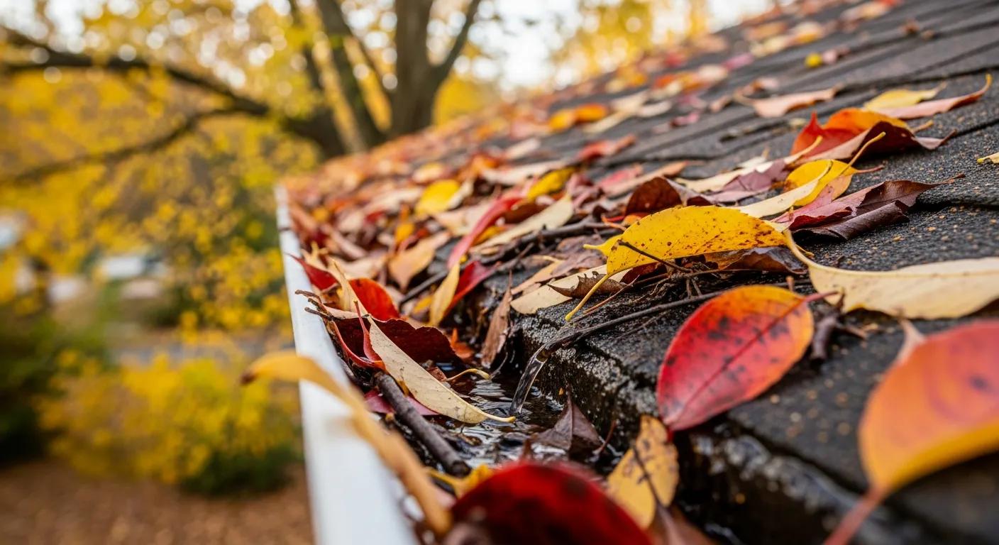 Gutters with fallen autumn leaves — shows why cleaning in autumn matters