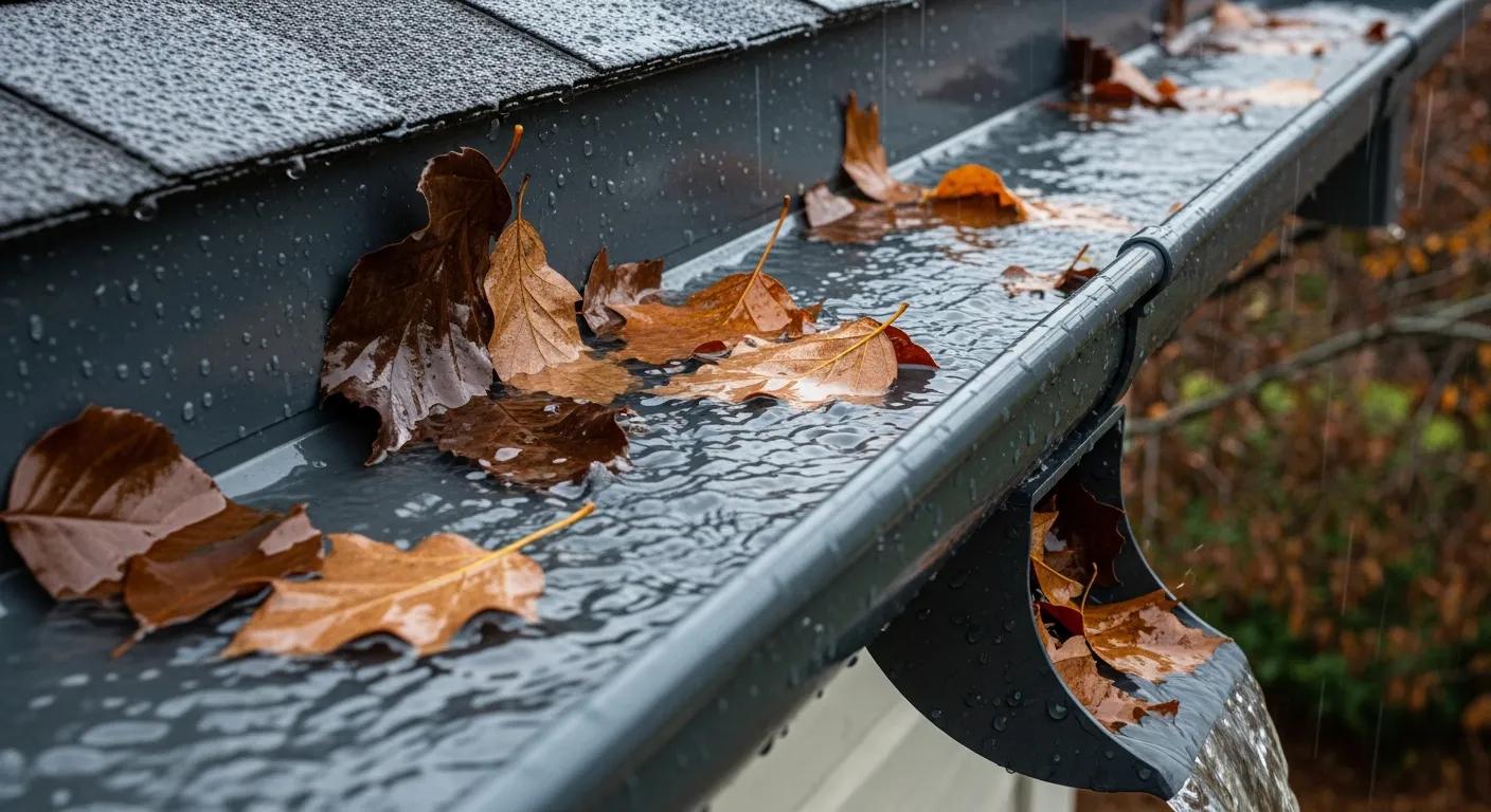 Close-up of aluminium gutters showing performance in wet, leafy conditions