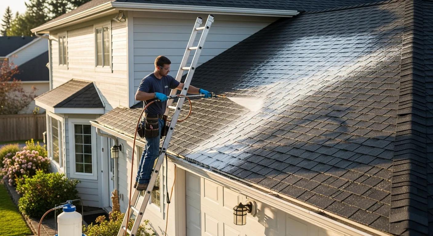 Technician applying a soft wash solution for safe roof cleaning