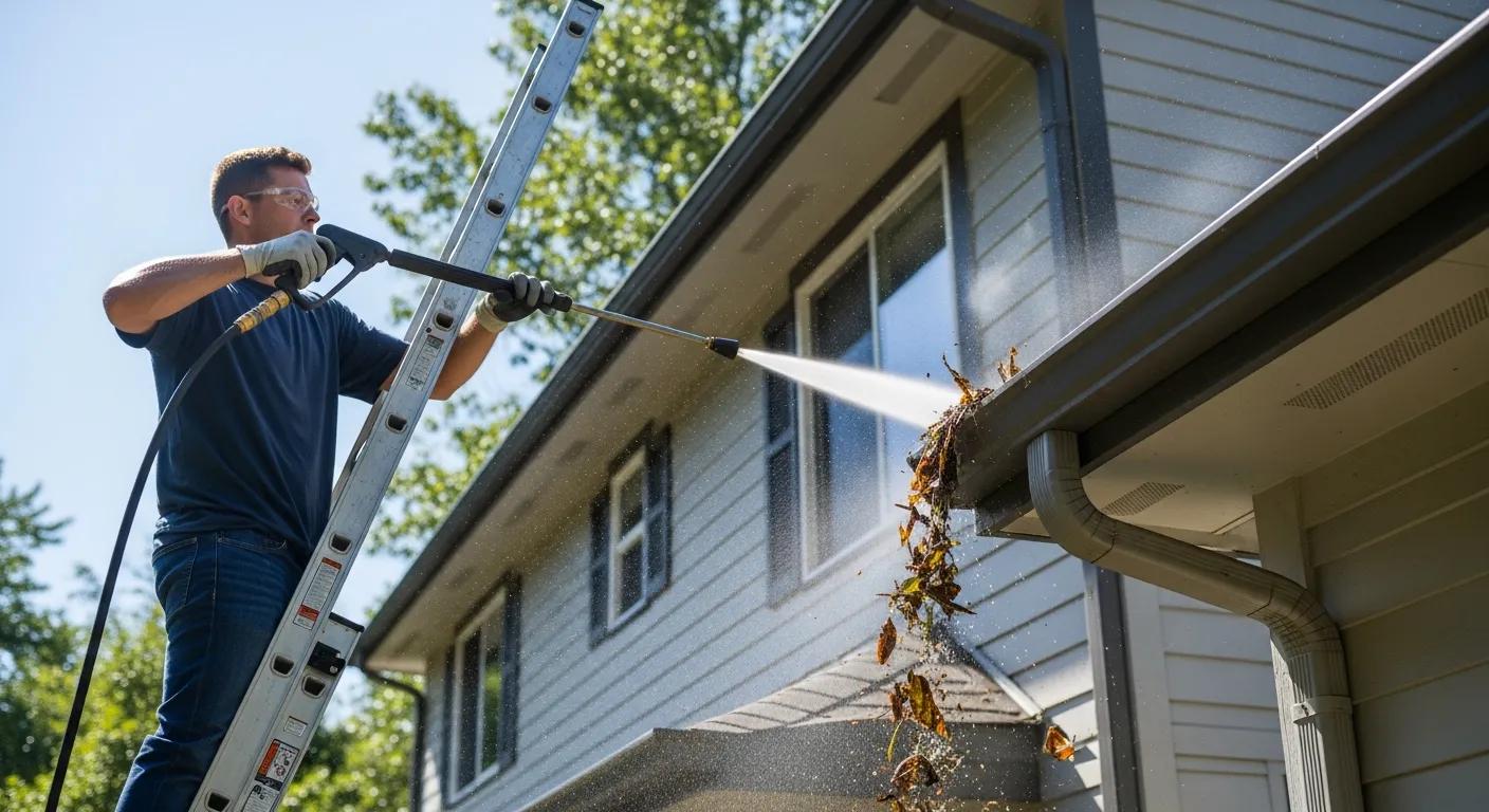 Technician using high-pressure water hose for effective gutter cleaning, demonstrating professional techniques
