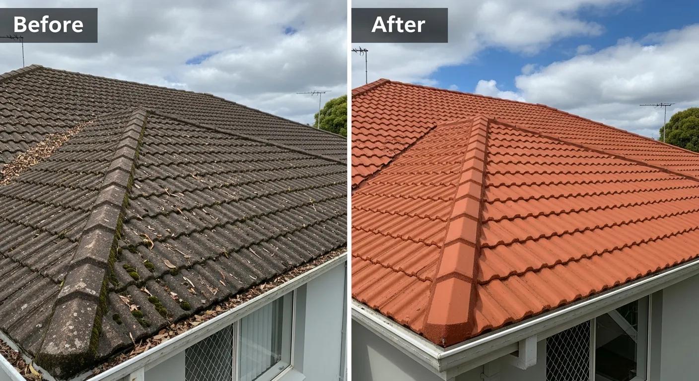 Before-and-after comparison showing roof cleaning results for a Sydney home