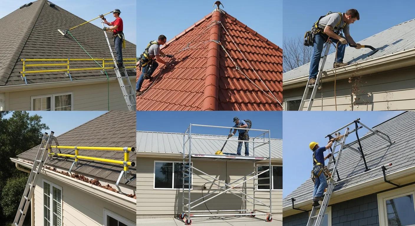 Examples of roof access systems used for safe gutter cleaning