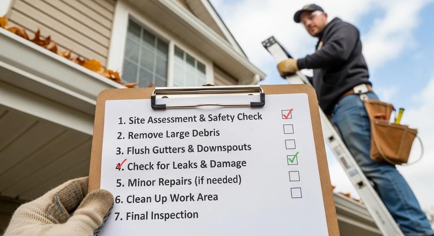 Essential steps in a professional gutter cleaning checklist with technician