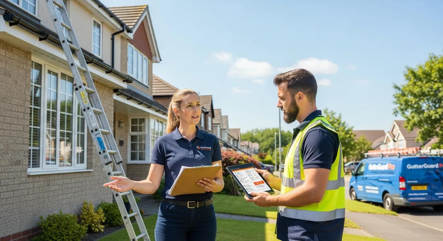 Property owner speaking with a gutter cleaning professional about WHS compliance