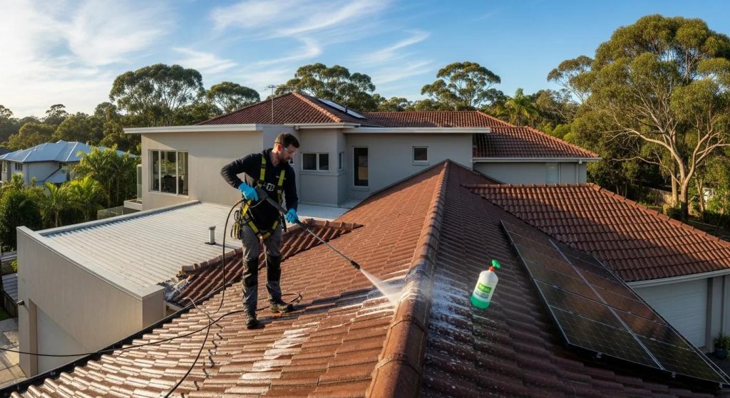 Roof cleaner using eco-friendly products on a Sydney home