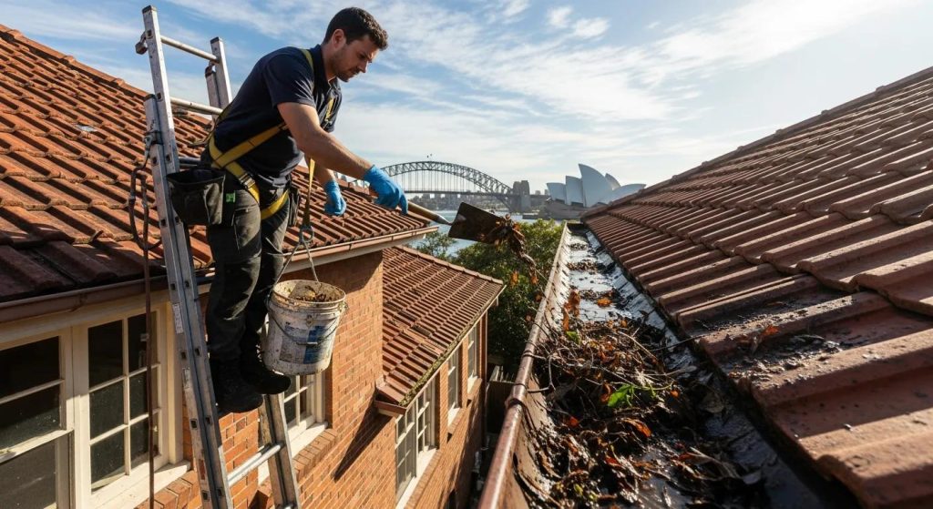 Professional cleaner maintaining roof gutters in Sydney, highlighting the importance of routine maintenance