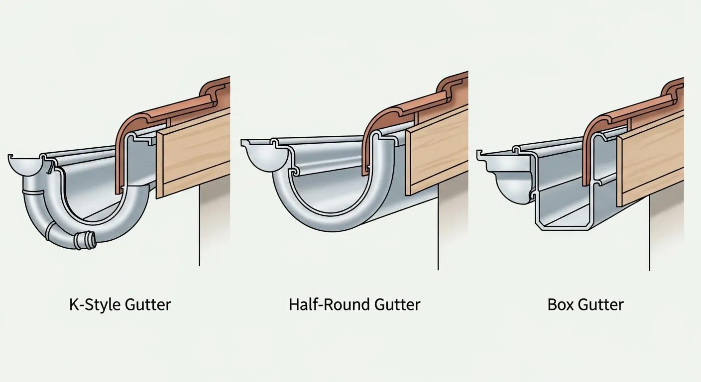 Illustration of K-style, half-round, and box gutter profiles suitable for Chatswood homes