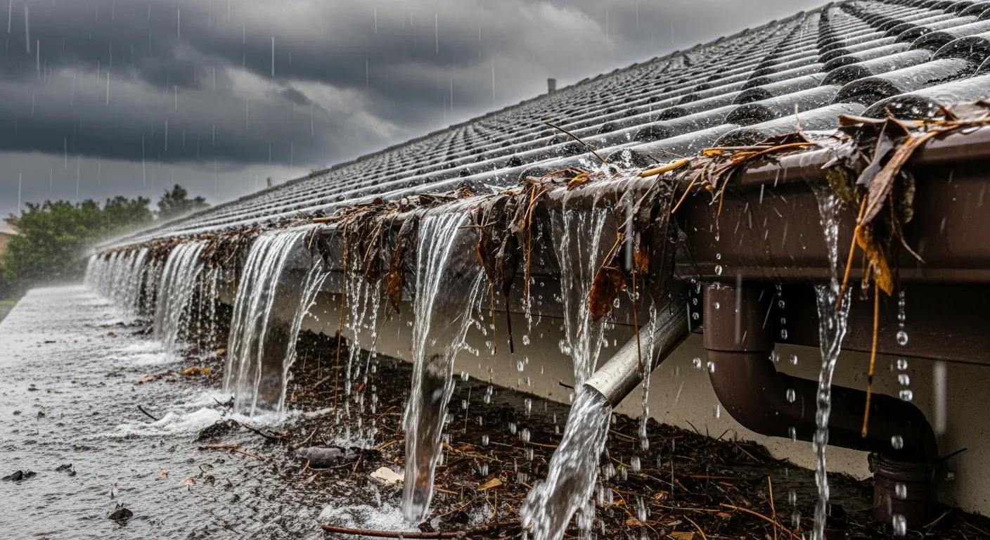 Blocked gutters overflowing with water during a storm, illustrating the risk of water damage