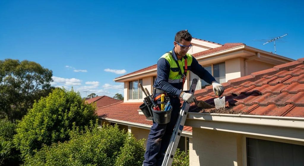 Sydney gutter cleaning technician working under a clear blue sky