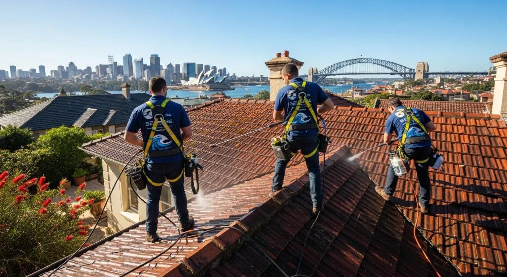 Professional roof cleaning service in Sydney under clear blue sky