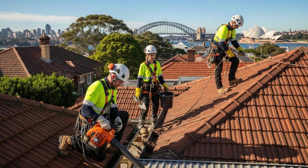 Gutter cleaning professionals in Sydney wearing safety gear on a roof