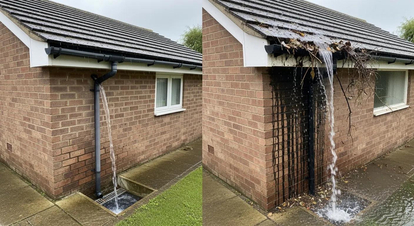 Clean vs clogged gutters showing water flow and potential damage