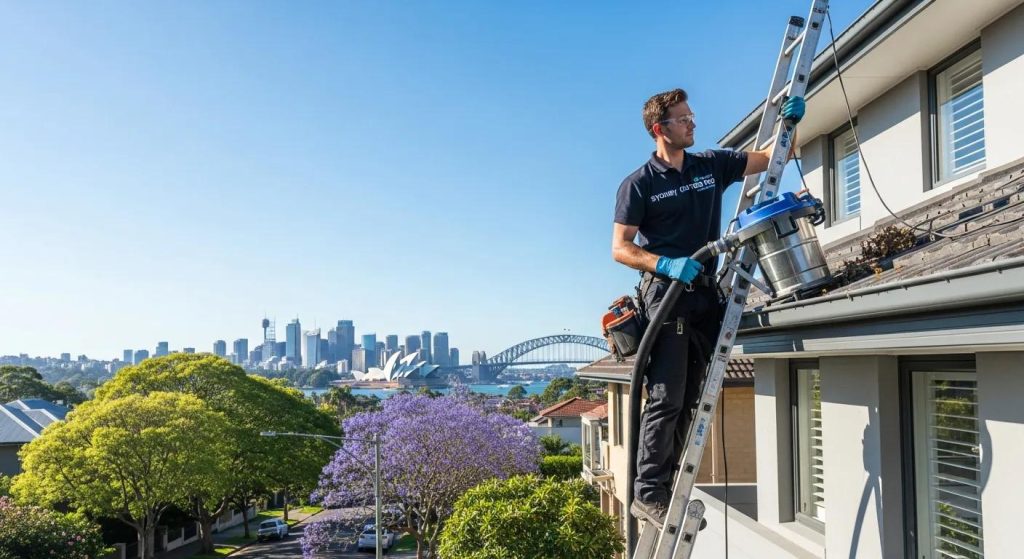Professional gutter cleaning service in Sydney with technician on ladder