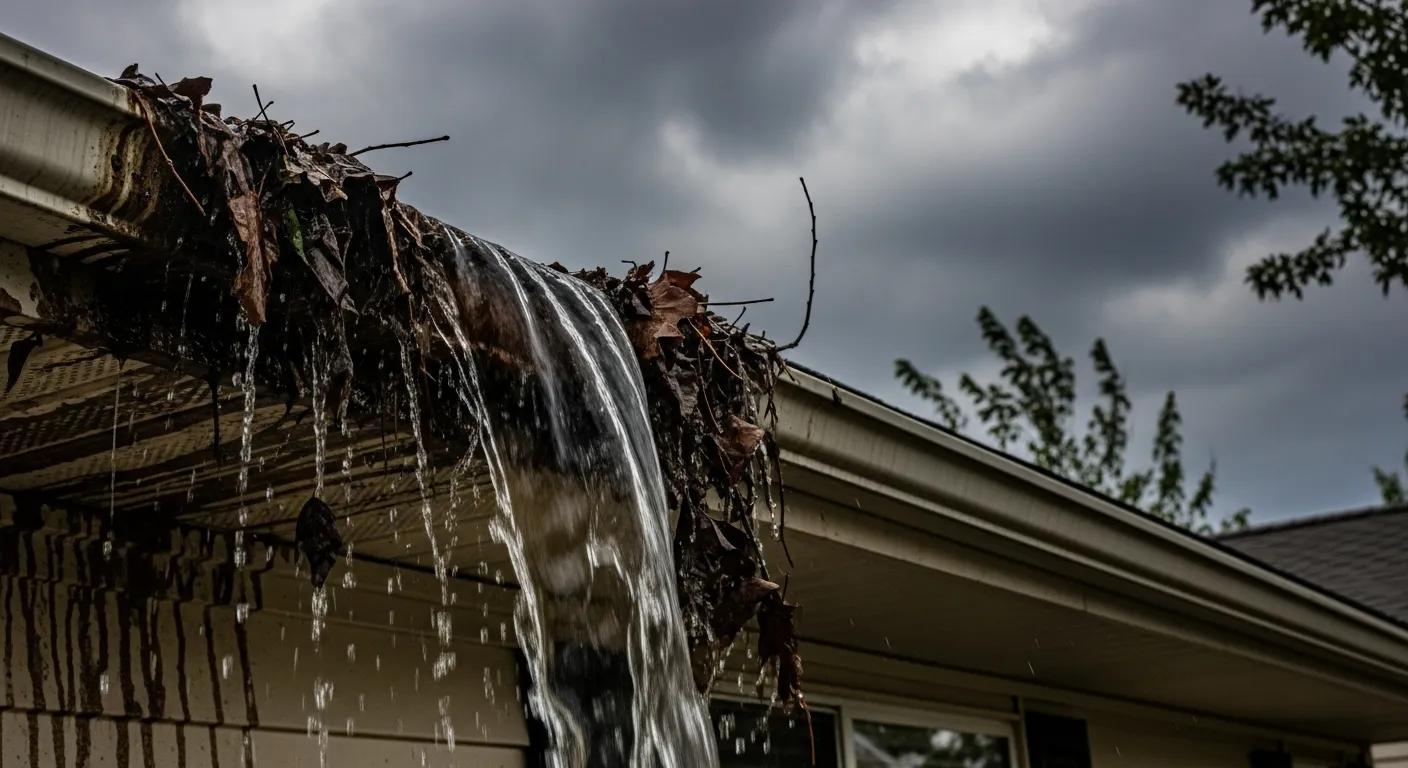 Clogged gutter overflowing with water and leaves under a cloudy sky, highlighting the importance of professional gutter cleaning services in Sydney.