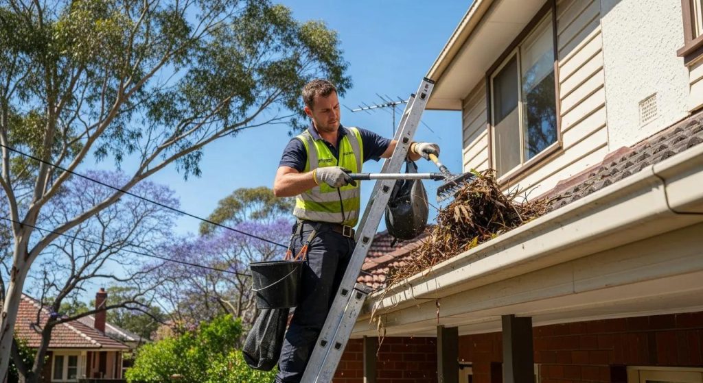 Man in safety gear using a ladder to remove debris from a residential gutter, highlighting professional gutter cleaning services in Sydney.