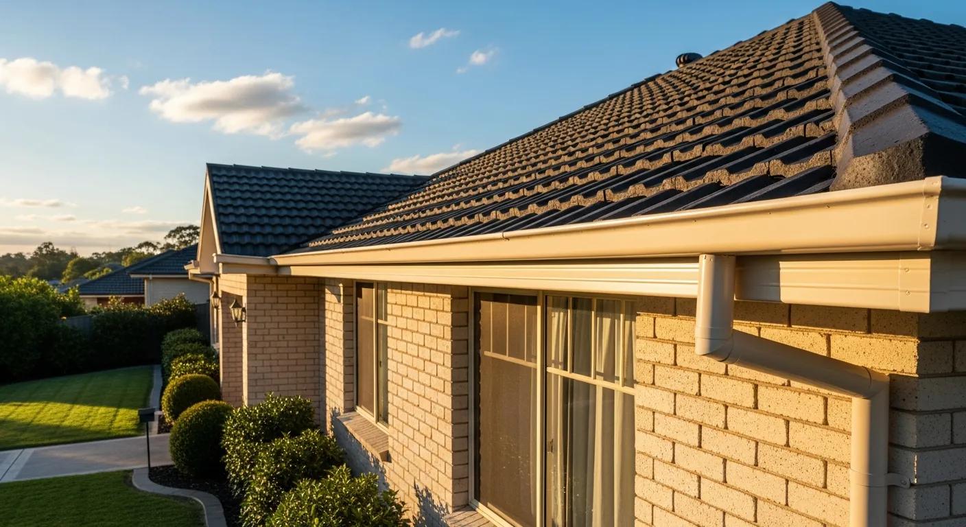 Gutter system on a residential home in Sydney, showcasing clean gutters and downpipes, surrounded by well-maintained landscaping, illustrating effective drainage and prevention of water damage.