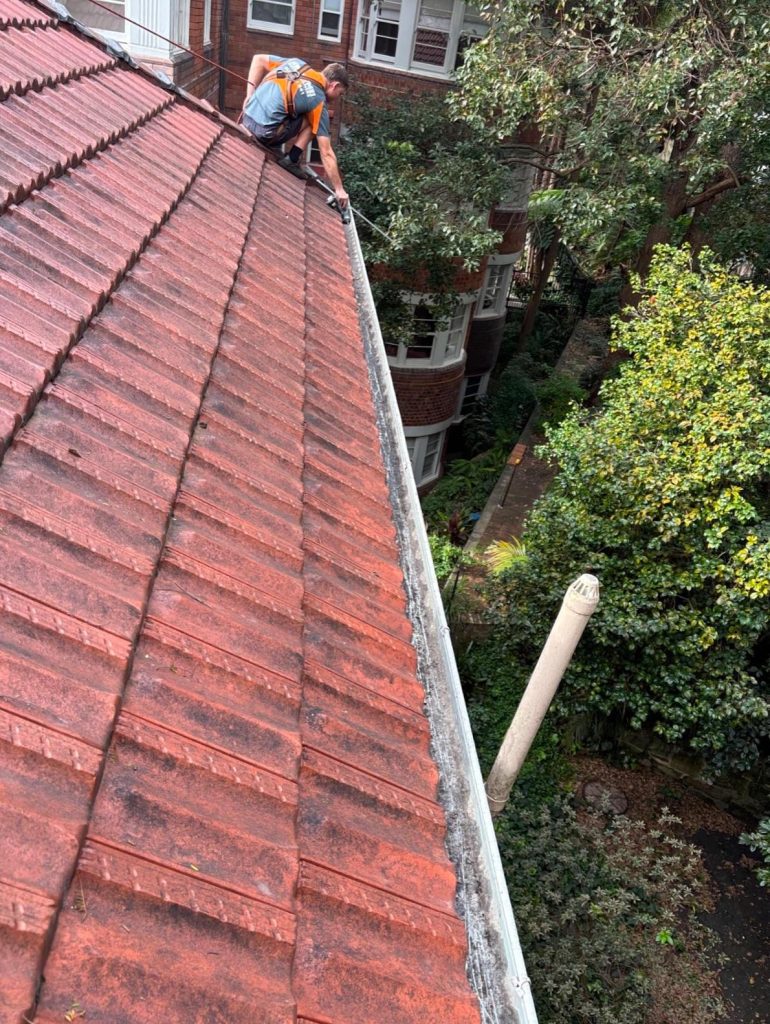 ### Main Subject - A person working on a roof.  ### Objects - Red tiled roof. - Gutter along the roof edge. - Surrounding trees and plants. - Nearby building with visible windows.  ### Notable Features - The person is wearing safety gear, indicating a focus on safety. - The roof has visible wear and dirt, suggesting maintenance work is needed.  ### Text or Symbols - No text or symbols present in the image.  ### Overall Mood or Theme - The mood conveys a sense of diligence and responsibility, highlighting the importance of home maintenance and safety in outdoor work. The greenery around adds a natural and serene backdrop to the scene.