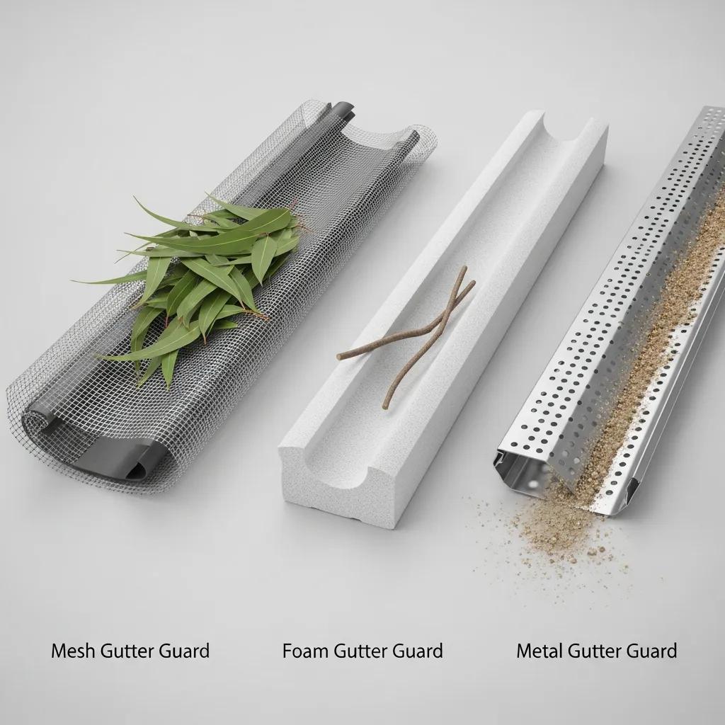 Different types of gutter guards including mesh, foam, and metal options, showcasing their features for Australian homes.